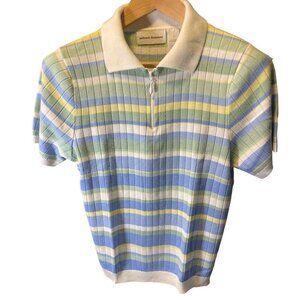 Alfred Dunner Blue Green Striped Short Sleeve Quarter Zip Collar Sweater Sz S